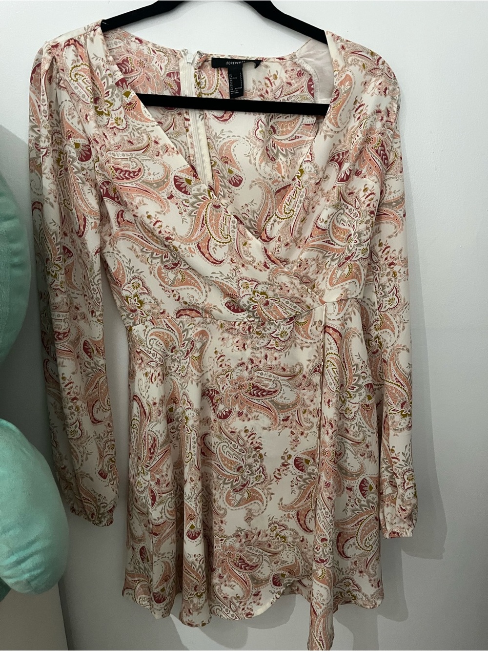 Forever 21 Cream and Blush Paisley Wrap Long-Sleeve Dress